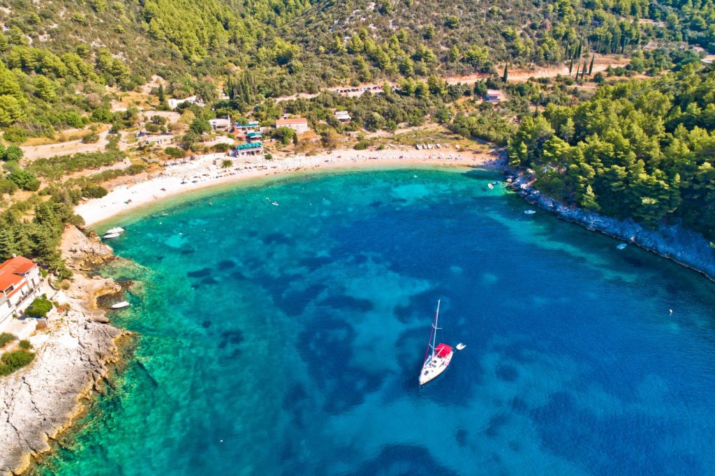 Korcula.,Aerial,View,Of,Korcula,Island,Beach,In,Pupnatska,Luka