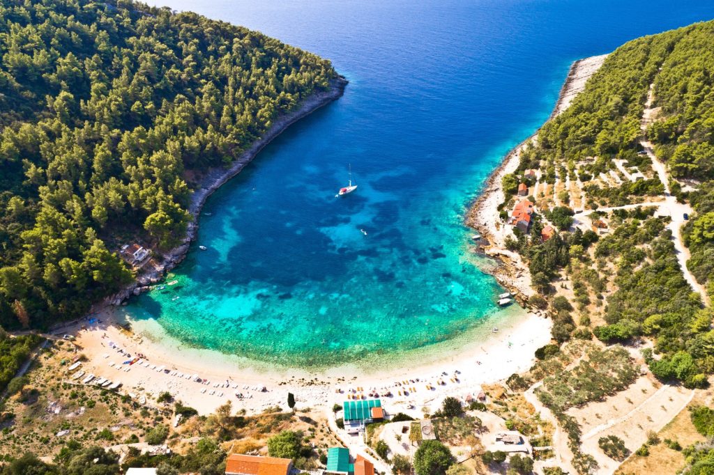 Korcula.,Aerial,View,Of,Korcula,Island,Beach,In,Pupnatska,Luka